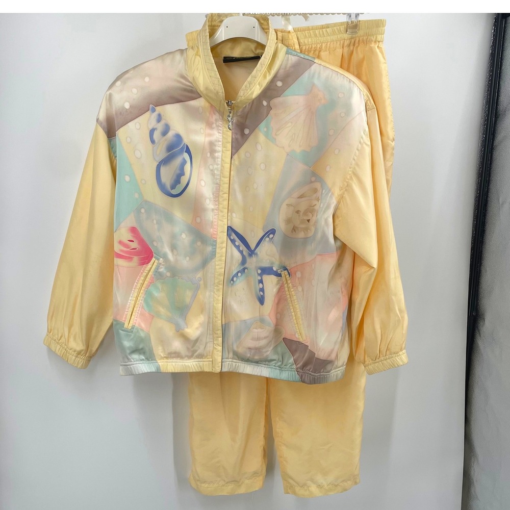 Vintage Mureli Silk Pastel Seashell Print Tracksuit Set Jacket‎ Pants Women's PL